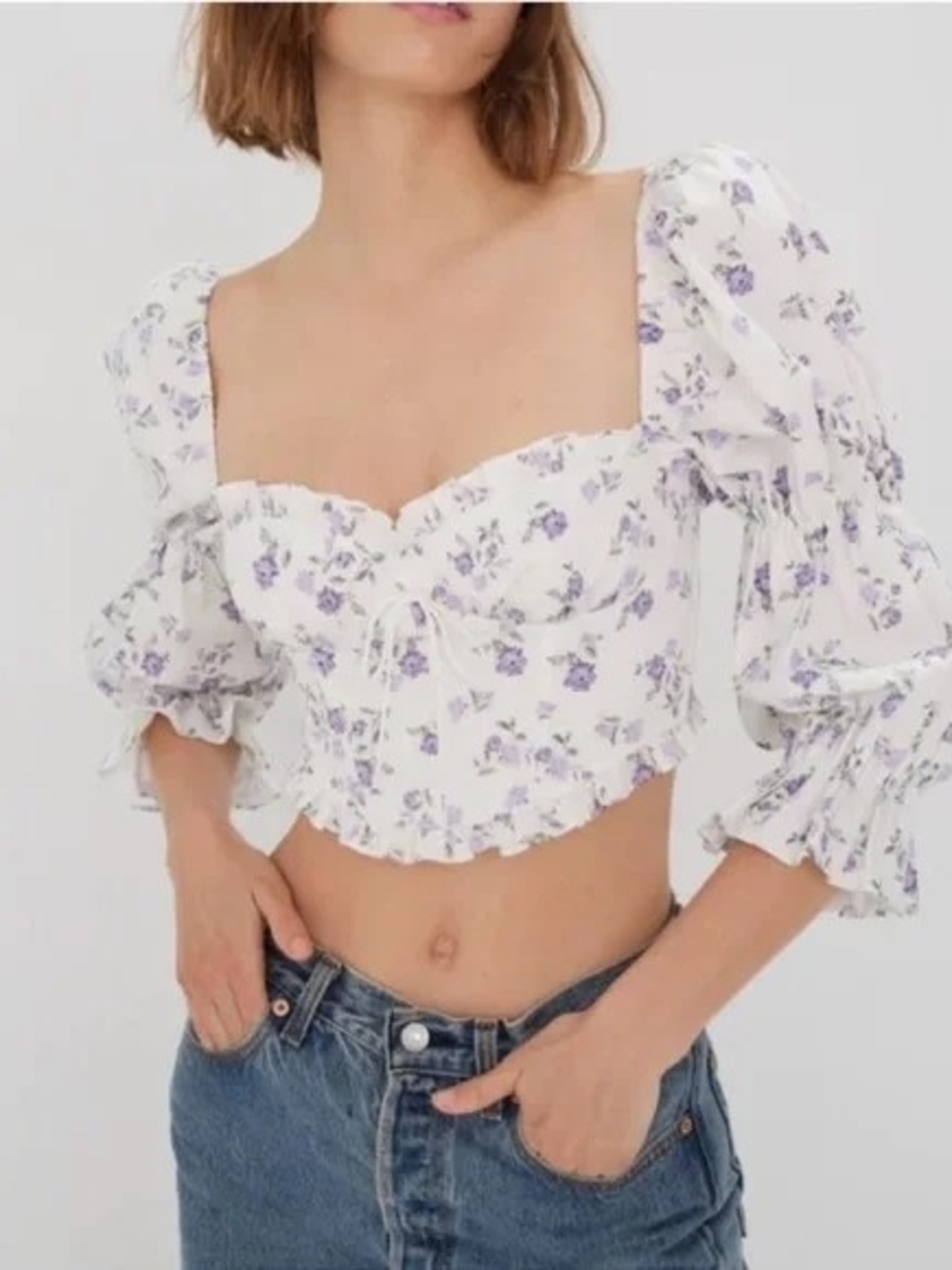 For Love And Lemons Floral Puff-Sleeve Crop Top White Lavender Cottagecore